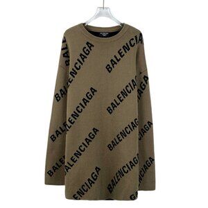 Balenciaga XS Brown Logo Knit Sweater Unisex Wool Blend Round Neck Long Sleeve M